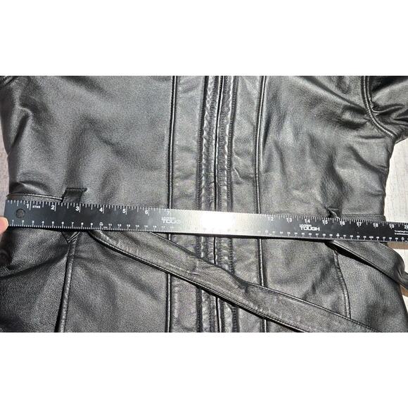 Wilson's Leather Belted Coat Jacket Faux Fur Lined Hooded Black MED VINTAGE MOTO - Picture 8 of 10